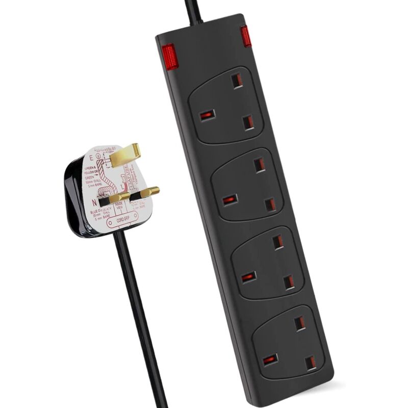 Extrastar 4 Way Socket 13A, 5M, Black, with Indicate Light, Child ...