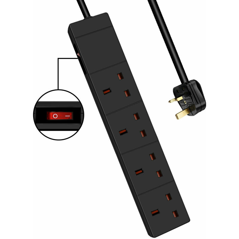 4 Way Extension Leads with Cable 1M, Black, with Switch, Child
