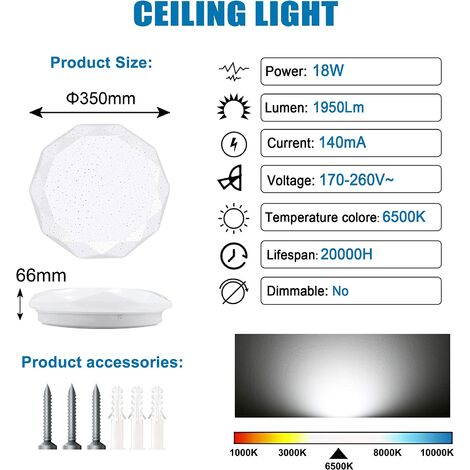 ExtraStar 18W LED Diamond Ceiling Light, 33cm (dia), 6500K Daylight