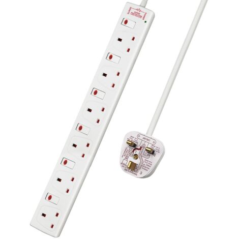 6 Way Socket with Cable 1M, White, with indicate Light, Individually Switched Sockets, Child-Resistant Sockets, Surge Indicator