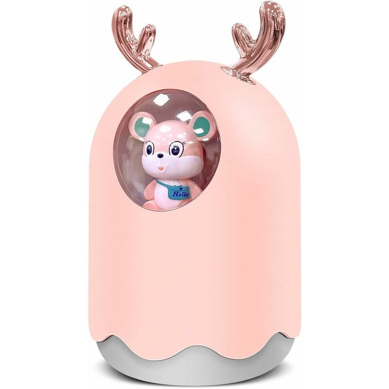 Humidificador para bebés, humidificador para el hogar, humidificadores para bebés ultrasónicos y silenciosos, humidificador portátil USB, luz nocturna de 7 colores, madera, oso, alce (300 ml rosa)