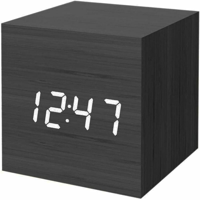 Reloj despertador digital, mini reloj despertador de escritorio con cubo de luz LED de madera moderno, muestra la hora y la temperatura para niños, dormitorios, hogar, dormitorios, viajes