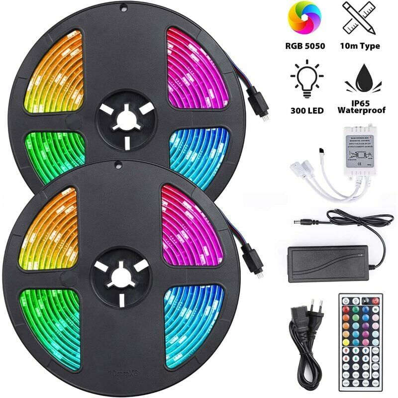 Tira de luz LED RGB, tira de luz LED de 10 m con 300 luces LED, tira autoadhesiva de control remoto a prueba de agua IP65 para pared trasera de fiesta (tira de LED de 2 x 5 m)