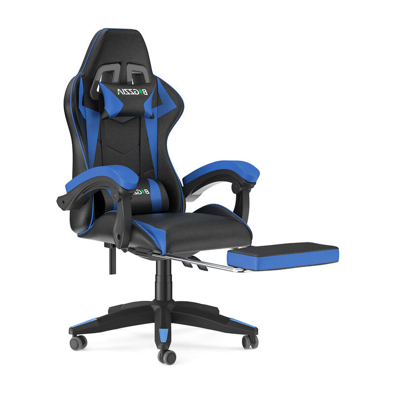 Bürostuhl mit Lendenkissen & Kopfstütze Ergonomischer Gaming Stuhl Schwarz  + Blau - Costway