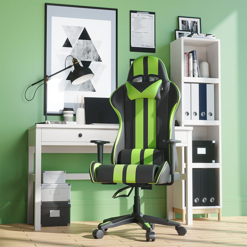 Bürostuhl Gamerstuhl Bürostühle mit hoher Rückenlehne mit Kissen und  verstellbarer Rückenlehne Schwarz und Grün BIGZZIA