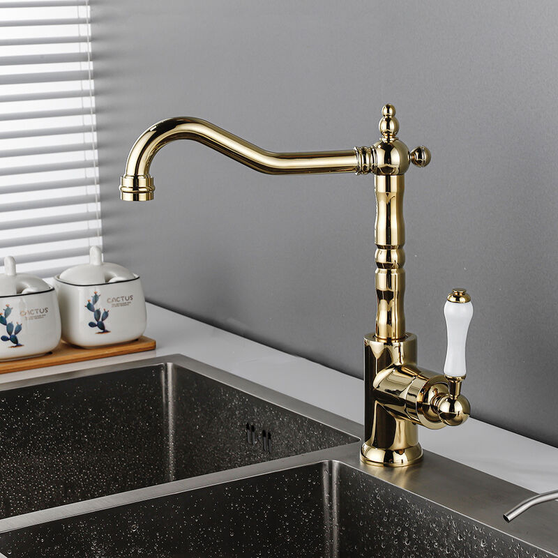 Rubinetto Vintage In Ottone Per Bagno O Cucina - Oro Satinato Con Dettagli In Porcellana Blu E Bianca - 1 Foro