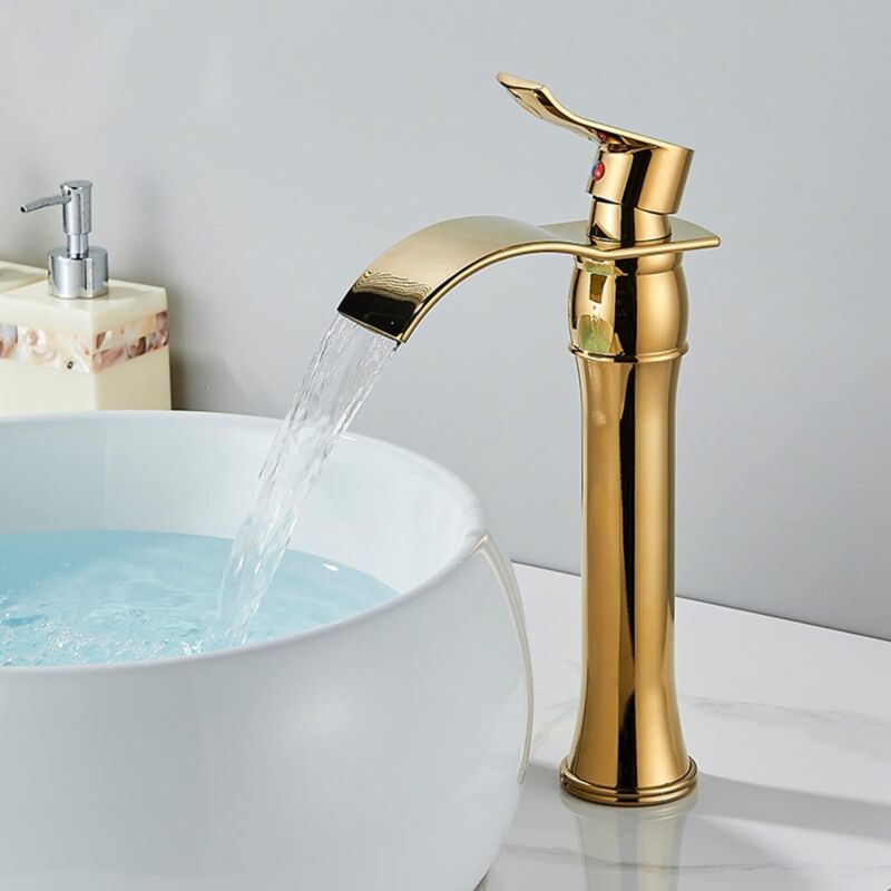 Rubinetto per bagno a cascata 3 fori, manico in cristallo Montaggio su ponte Diffusore per vasca da bagno Rubinetto per lavabo Rubinetto Miscelatore,D'oro