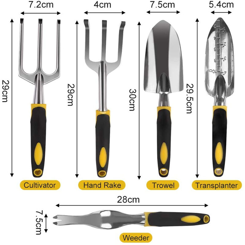 5 Pezzi Kit da Giardinaggio Pala Rastrello Giallo Attrezzi da Giardinaggio  Professionali con Manici in Gomma Antiscivolo