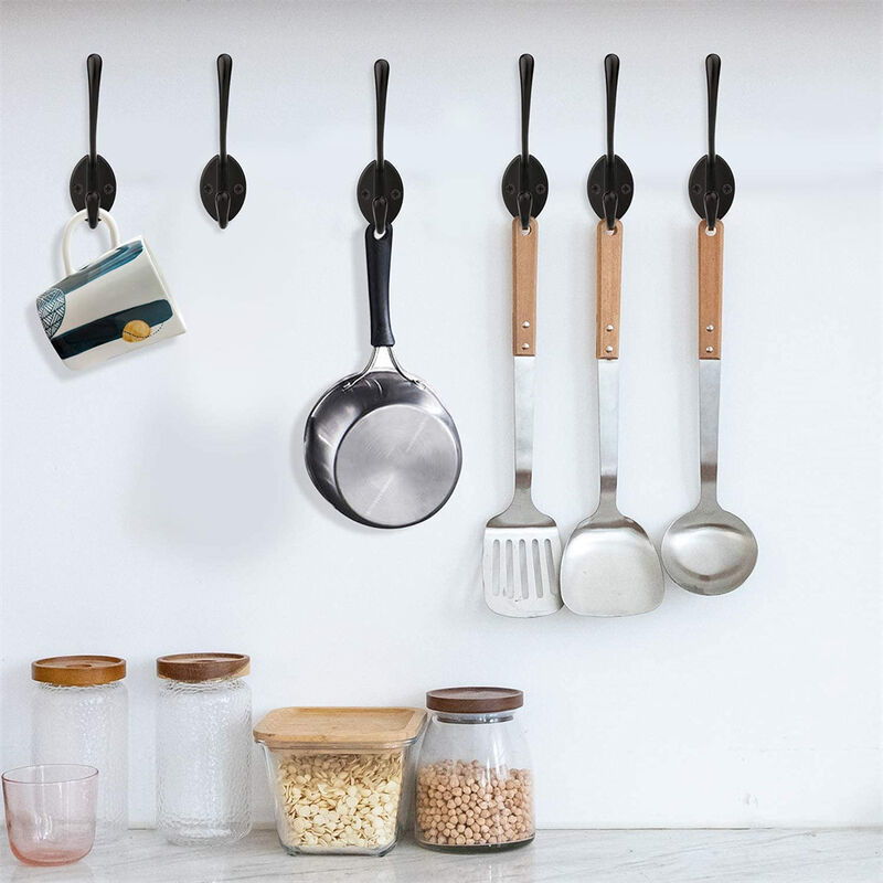 12 Ganci Appendini A Doppio Gancio Da Parete In Metallo Vintage – Lega Di Zinco, Colore Nero, Con 24 Viti, Per Bagno, Cucina, Ingresso