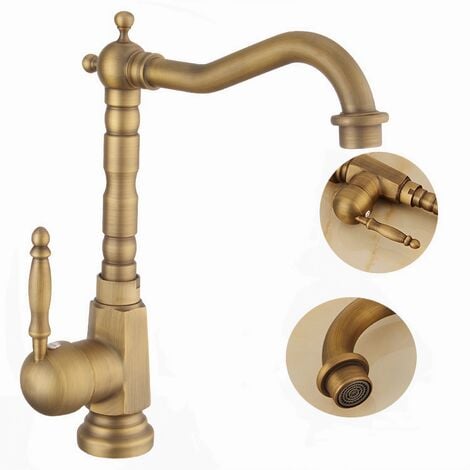 Rubinetto Cucina Bagno Girevole a 360° Miscelatore Monocomando Lavello in Ottone Classico Antico con Tubo 3/8"