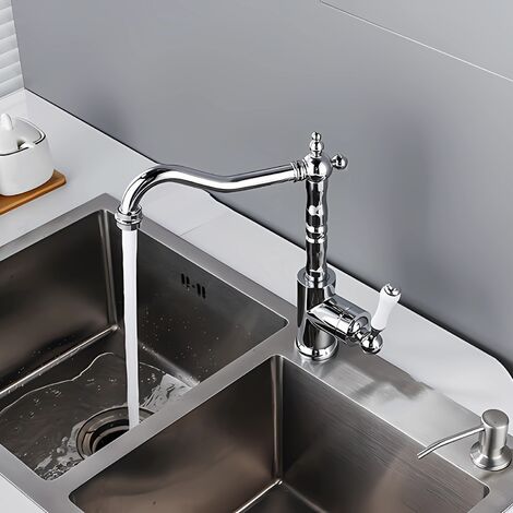 Rubinetto Vintage In Ottone Con Maniglia In Porcellana Blu E Bianca – Miscelatore A Collo Lungo Per Lavabo, Finitura Spazzolata - 4