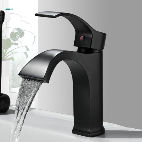 Rubinetto Lavabo A Cascata Nero Opaco Monocomando - Ottone H59 - Miscelatore Bagno