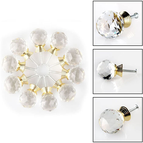 12 Maniglie Per Cassetti A Forma Di Diamante In Cristallo 30mm, Con Base Alluminio E Viti, Trasparenti