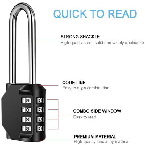 2 Pezzi Lucchetto a Combinazione 4 Cifre Nero Serratura a Combinazione  Lungo in Lega di Zinco