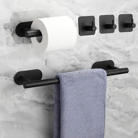 Set di 8 Accessori da Bagno Portasciugamani Autoadesivo Porta Carta Igienica  in Acciaio Inox Gancio Nero