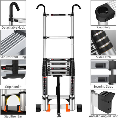 Todeco 3.2M Scale telescopiche, Scala alluminio con barra stabilizzatrice, Scala  pieghevole Scala pieghevole carico massimo