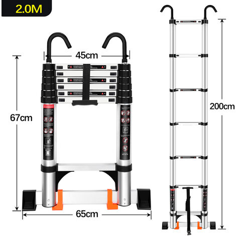 Scala Telescopica 2,0m Scaletta Alluminio con Barra Stabilizzatrice e  Gancio Staccabile Scala Multifunzione Carico Massimo