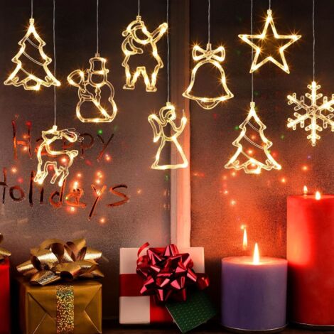 16 Pièces Lumières de Fenêtre de Noël Alimentées par Batterie Rideaux  Lumineux d'Intérieur de Noël