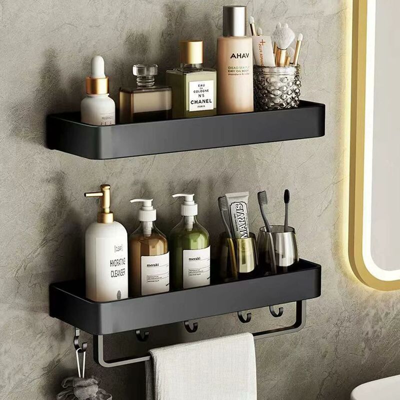 Bath Shelf No Drill bathroom shelf Adhesive Shower Rack Wall Rust-proof  Space Aluminum For Bathroom Toilet,black,60cm