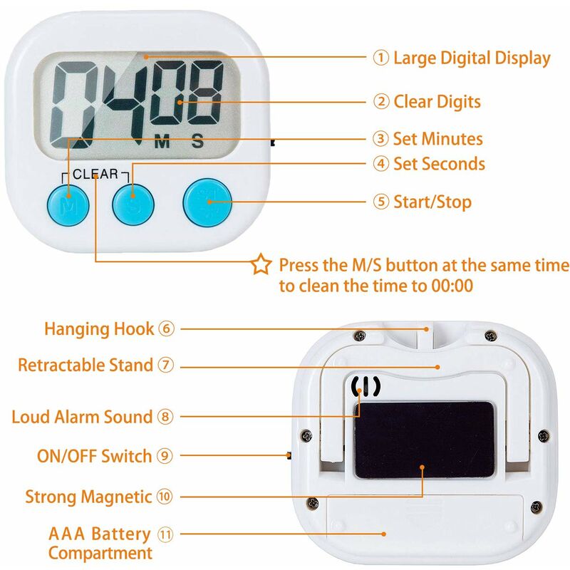 LCD Digital Kitchen Timer Loud Alarm Sound Magnetic Design Food