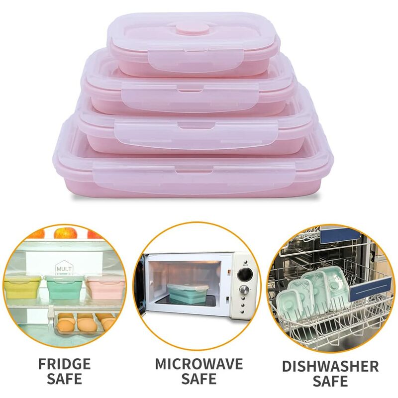 Set of 4 Collapsible Foldable Silicone Food Storage Container With BPA  Free, Leftover Meal Box With Airtight Plastic Lids For Kitchen (Blue)