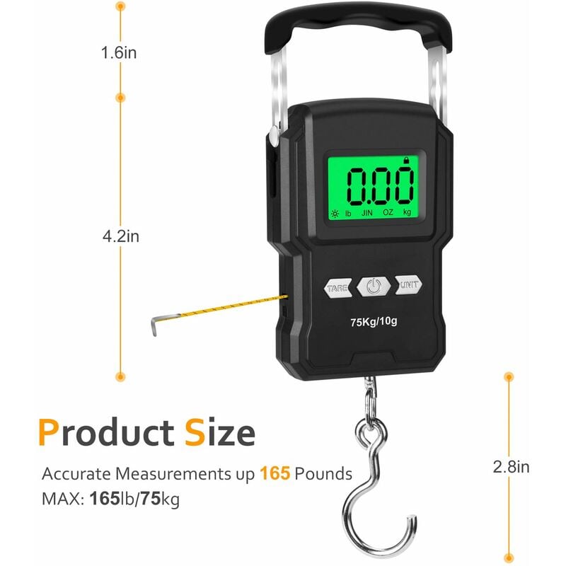 75 KG / 165 LB LCD Portable Scale Digital Hanging Scale Weight Balance  Baggage Parcel Vegetable Fruit Meat Fishing Weighing Scale with Tape  Measure