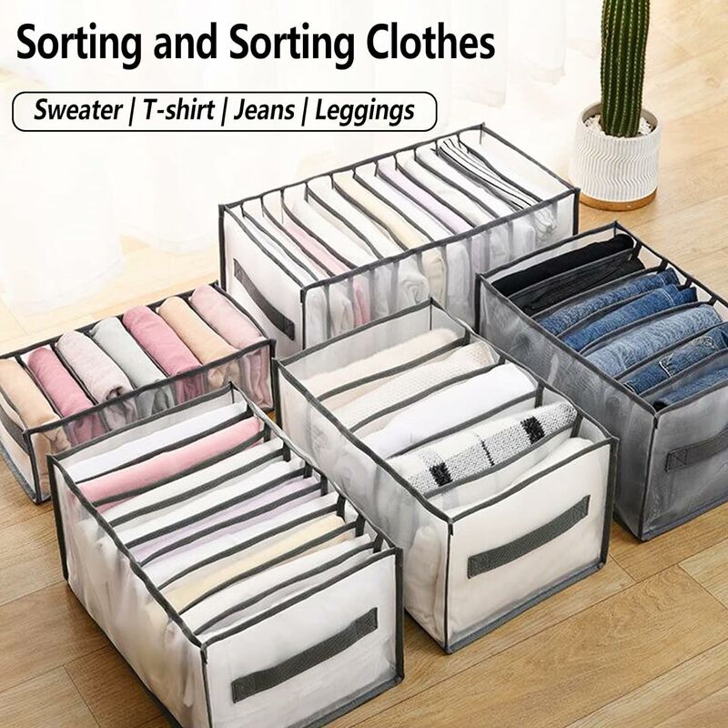 6 Grids Washable Wardrobe Clothes Organizer, Jeans Compartment Storage Box,  Clothes Drawer Mesh Separation Box, Portable Foldable Closet