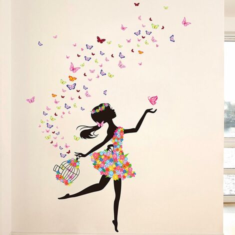 Flower Fairy Wall Decal Girl with Umbrella Wall Sticker Colorful Butterfly  Floral Wall Decor DIY Vinyl Mural Art for Girls Baby Nursery Bedroom Living  Room Playroom - - 