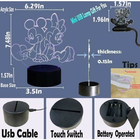 Disney Mickey Mouse Touch LED Night Light with USB Charging Station- Mickey  LED Nightlight with 6 Light Settings, USB 2.0 and USB Type C Ports- Mickey