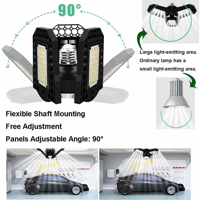4 Pack Led Garage Lights, 60W Deformable Garage Ceiling Light 8000lm E26  Basement Lights with 3 Adjustable Led Panels 270° – Fits for Garage