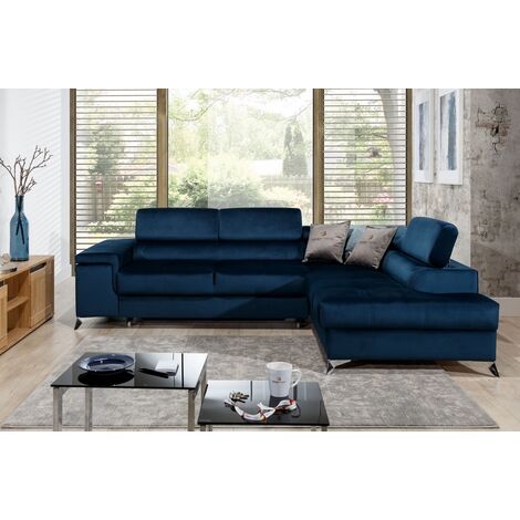 Canapé d'angle convertible - ERWAN - en tissu luxe 5 places, bleu foncé, angle droit (vu de face) (1/5)