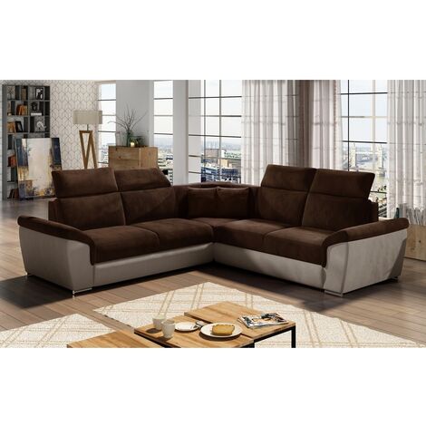 Canapé d'angle - convertible - FELIPE VELOURS - en tissu luxe chocolat et beige, 5/6 places (1/5)