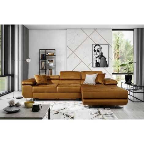 Canapé d'angle convertible ARMEL en tissu luxe 5 places, couleur cuivre, avec coffre, angle droit (vu de face) (1/5)