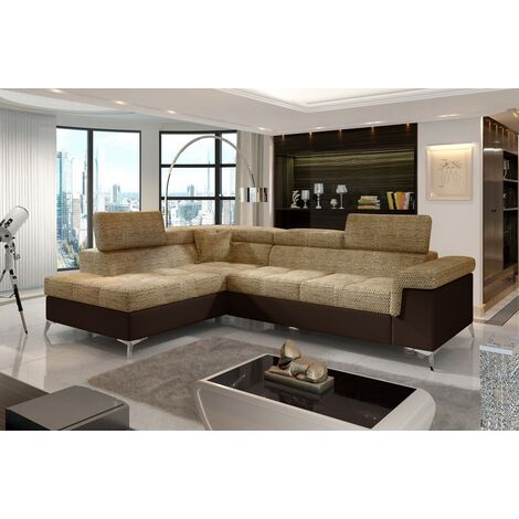 Canapé d'angle convertible - ERMAN - en tissu et simili 5 places, marron et chocolat, angle gauche (vu de face) (1/5)