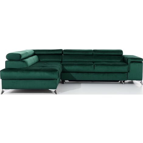 - Canapé d'angle convertible - ERWAN - en tissu luxe 5 places, vert, angle gauche (vu de face) (1/5)