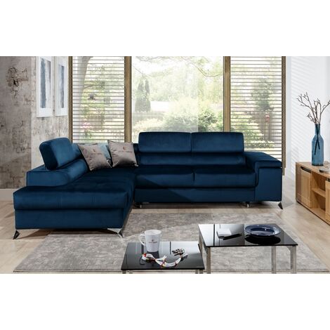 Canapé d'angle convertible - ERWAN - en tissu luxe 5 places, bleu foncé, angle gauche (vu de face) (1/5)