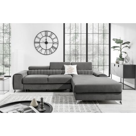 Canapé d'angle convertible en tissu velours Luxe gris, 5 places, angle droit (vu de face) - GRECE VELOURS (1/5)