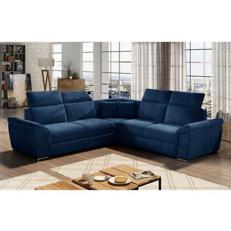 Canapé d'angle convertible - FELIPE VELOURS - en tissu luxe bleu, 5/6 places (1/5)