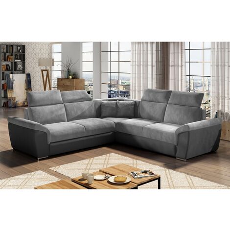 Canapé d'angle - convertible - FELIPE VELOURS - en tissu luxe gris clair et gris foncé, 5/6 places (1/5)