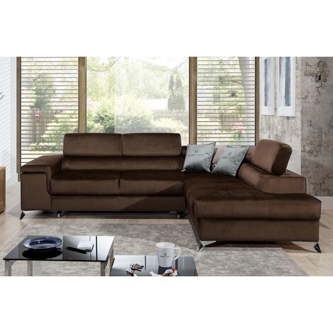 Canapé d'angle convertible - ERWAN - en tissu luxe 5 places, chocolat, angle droit (vu de face) (1/5)