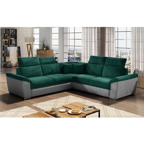 Canapé d'angle - convertible - FELIPE VELOURS - en tissu luxe vert et gris, 5/6 places (1/5)
