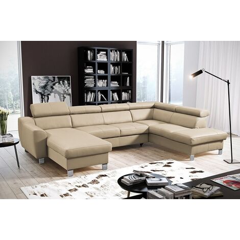 Canapé d'angle convertible en cuir italien de luxe 7/8 places ASTON, beige, angle droit (1/5)