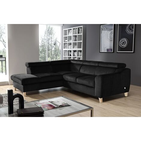 - Canapé d'angle en tissu luxe 5 places, ASHLEY, noir, angle gauche (vu de face) (1/4)