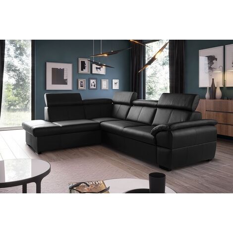 - Canapé d'angle convertible en cuir italien de luxe 5/6 places TONY, avec coffre, noir, angle gauche (1/5)
