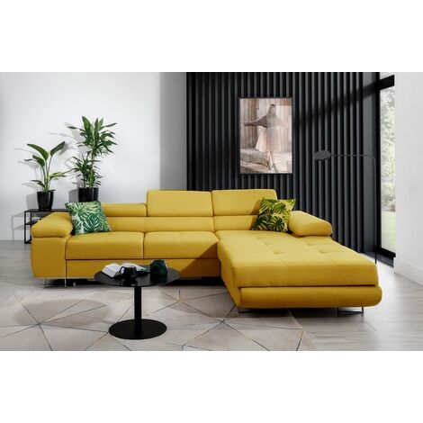 Canapé d'angle convertible ARMEL en tissu luxe 5 places, jaune moutarde, avec coffre, angle droit (vu de face) (1/5)