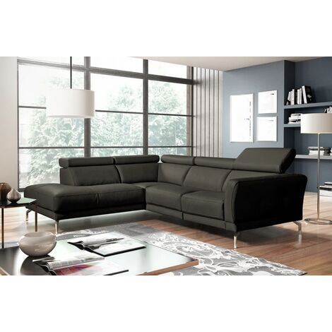 Canapé d'angle en 100% tout cuir épais de luxe italien , 5/6 places DALBERT, couleur anthracite, angle gauche (1/5)