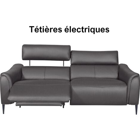 Canapé 3 places avec 2 relax en 100% tout cuir épais de luxe italien avec 2 relax électriques et 2 têtières électriques, MILAN, gris (1/4)