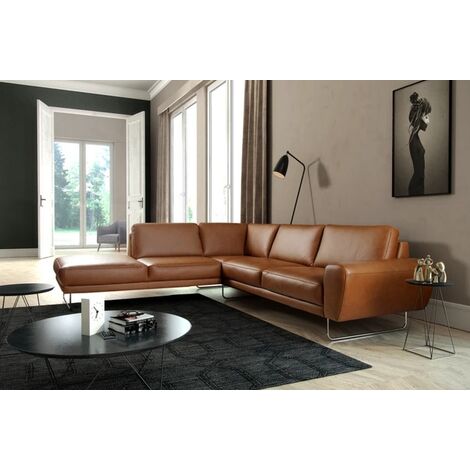 - Canapé d'angle en 100% TOUT cuir italien de prestige 6/7 places SPENCER, marron cognac, angle gauche (1/5)