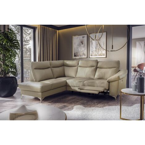 Canapé d'angle en cuir italien de luxe 5 places LUZERNE, avec relax électrique et coffre, beige, angle gauche (1/5)
