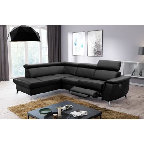 - Canapé d'angle en cuir italien de luxe 5/6 places avec relax électrique et coffre, LINCOLN, noir, angle gauche (1/5)